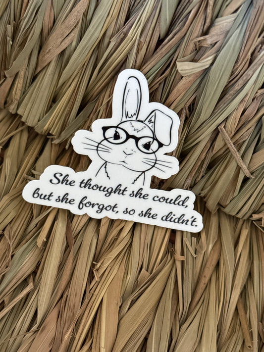 She thought she could, but she forgot, so she didn’t. Sticker