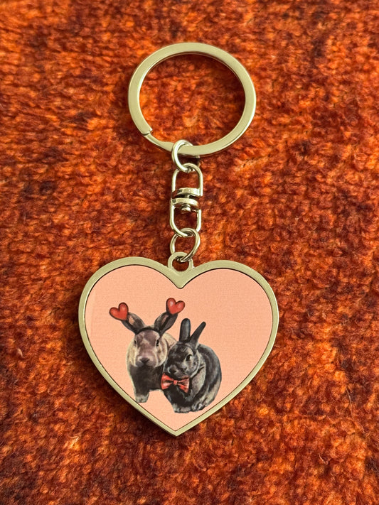 Metal Heart Keychain - JJ and Hettie - All you need is love and bunnies