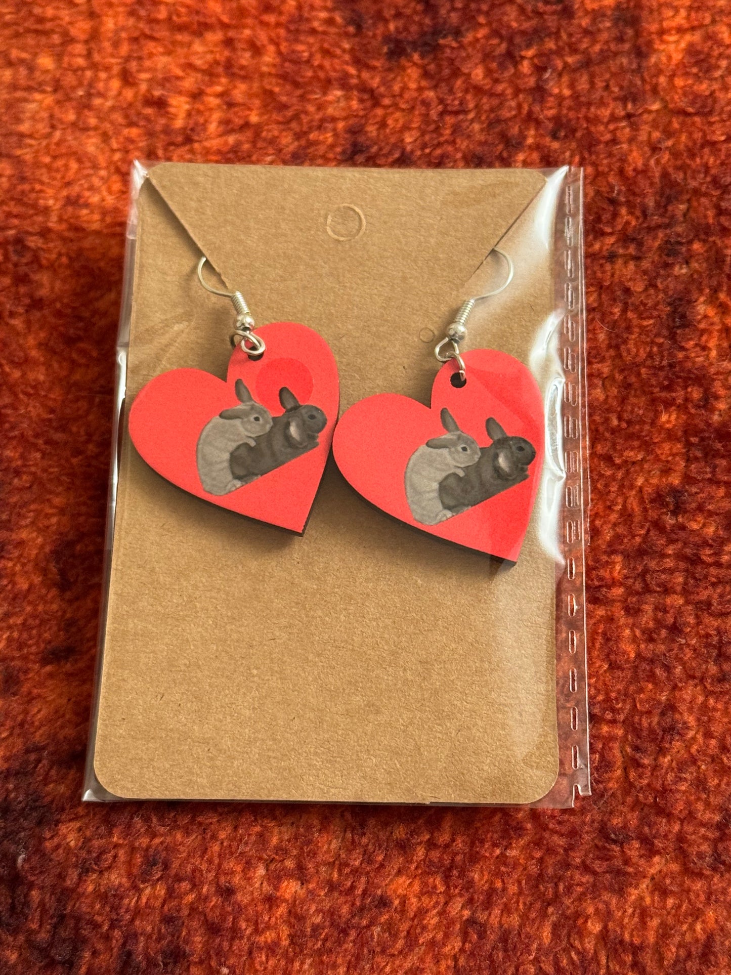 Wooden Heart Shaped Earrings - Humping Bunnies